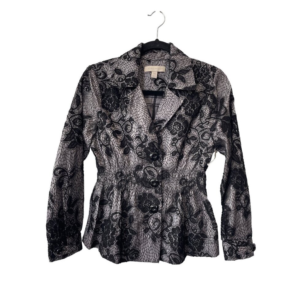 Laura Ashley Jacket Size Medium Floral Lace Button Up Black Gray Whimsigoth NEW
